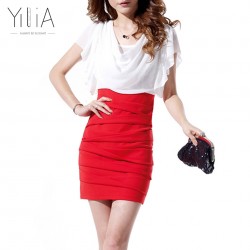 Dress Chiffon Women Elegant White Red Black Color Block Short Sleeve Pleated 2017 Cowl Neck Patchwork Ruched Summer Office Dress