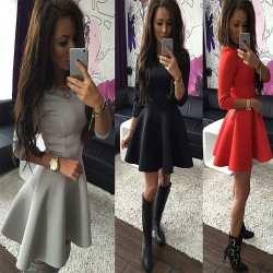 Elegant Women Mini A Line Dress 2016 Autumn Round neck fashion Vintage party Big Swing Midi Black Red Grey Sexy Dress S M L XL