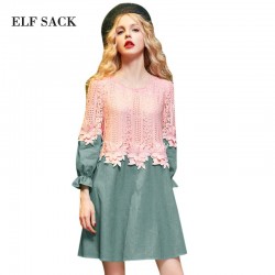 Elf SACK yb winter denim patchwork lace ruffle embroidered a one-piece dress short 