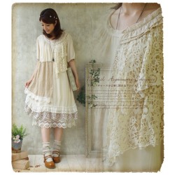Forest Girl Style Ruffle Loose Large Size Lace Patchwork Asymmetrical Dress Double Layer Mori Girl Retro Vantage Dress Novelty