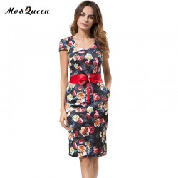 MOQUEEN Floral Summer Dress 2018 Fashion Polyeater Deep V-Neck Vintage Dress Ladies Bodycon Sheath Women Dresses With Belt S-3XL