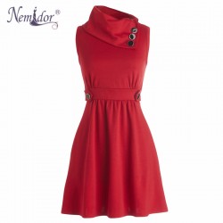 Nemidor Spring Women Elegant Irregular Collar Retro Button Swing Dresses Casual Sleeveless Party Midi Dress