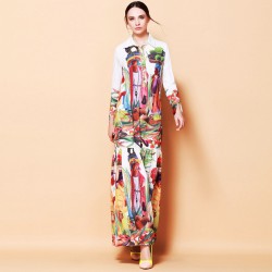 New 2017 European American Casual Countryside Style Long Sleeve Turn-Down Collar Floor-Length Fruit Print Maxi Dress