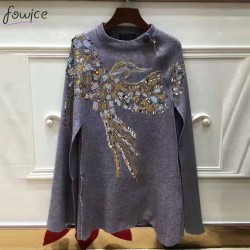 Newest Fashion Women Cashmere Cloak Coat Bird Pattern Beading And Sequins Shwal Loose Woolen Female Cape Bat Sleeves Wrap