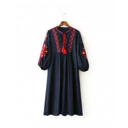 OKOUFEN Women's fashion national trend fashion all-match embroidery lantern sleeve full dress one-piece dress 