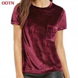 OOTN 2017 new summer cotton velvet pocket women short wine red T-shirt tops shirt tee t shirt o-neck women velvet top burgundy 