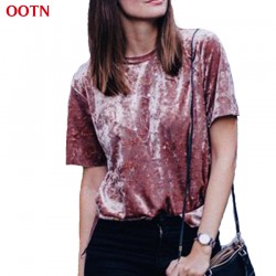 OOTN LDTX002 2017 Summer Spring Velvet T Shirt Pink Fashion Tees Women Short Sleeve Tops hot new high quality Cotton Softness