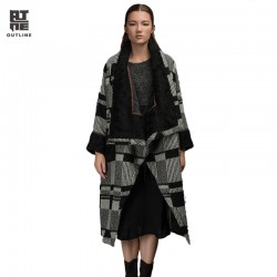 Outline Original Brand Black Plaid Coat Raglan Long Sleeve Wool Jacket Loose Elegant Trench Women Woolen Winter Coat L154Y012