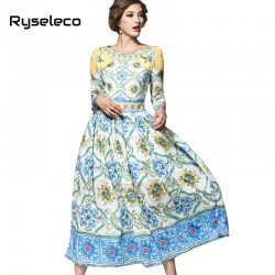 Ryseleco 2017 Spring Fashion European Runway Style Vintage Prints Long Sleeve Casual Maxi Dress Women Elegant Party Vestidos