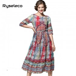 Ryseleco 2017 Summer Women Chiffon Dresses Ladies European Fashion Vintage Floral Prints Swing Shift Beach Wear Casual Clothing
