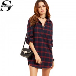 Sheinside Autumn Dresses for Woman Brand Women Business Casual Clothing Navy Plaid Roll Tab Sleeve Half Placket Shirt Dress 