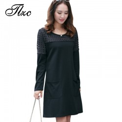 TLZC Solid Color Top Quality Women Casual Dress Pockets & Plaid Straight Dress Korean Style Lady Loose Dress Large Size XL-5XL