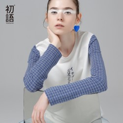 Toyouth T-Shirts 2017 Spring New Women Plaid Patchwork O-Neck Long Sleeve Casual Cotton Tees Tops