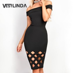 VESTLINDA New Off Shoulder Sexy Evening Party Dresses Women Slash Neck Black Dress Vestidos Robe Femme Hollow Out Bodycon Dress