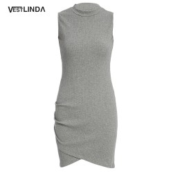 VESTLINDA Summer Brief Mini Dress Women O-Neck Sheath Party Dress Sleeveless Brief Pure Color Mini Dress Sexy Vestido Mujer