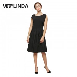 VESTLINDA Vintage Women Dress 2017 Sping Ladies Round Collar Solid Color Sleeveless A-Line Party Dress Elegant Knee Length Dress