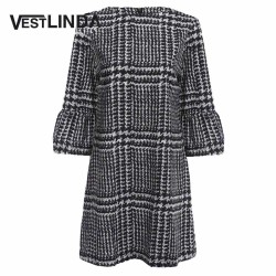 VESTLINDA Women Autumn Dress O Neck Flare Sleeve Houndstooth Dress Girls Vestidos Fashion 3/4 Length Sleeves Plaid Mini Dresses