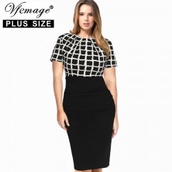 Vfemage (Plus Size) Womens Elegant Tartan Check Ruched High Waist Casual Work Office Party Sheath Bodycon Pencil Dress 2799