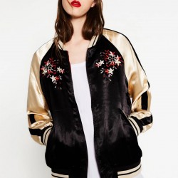 Vintage Embroidery Stars Flower Pattern Reversible Jacket Coat Women Contrast Sleeve Bomber Pilots Outerwear Tops Trendy