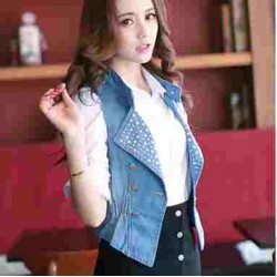 Vintage Retro Ladies Women Sleeveless Button Cardigan Washed Blue Denim Sequin Jean Vest Coat Jacket Outerwear S-3XL 03083