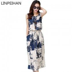 Vintage floral dress female 2016 Women Summer Dress casual Cotton Linen Sleeveless elegant blue black Dress vestido