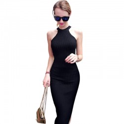 Women Long knitting Dress 2016 Spring Sexy Slim Bodycon Dresses Elastic Skinny Split Dress Brief Halter Black Dresses vestidos