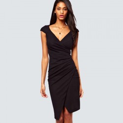 Women Sexy V-Neck Ruched Slit Party Dress Summer Casual Short Sleeve Sheath Bodycon Classic Black Dress H728